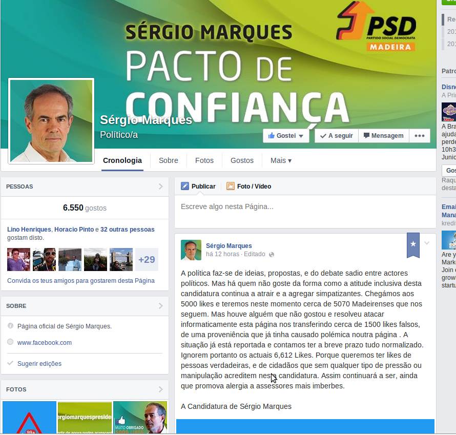 Facebook de Sérgio Marques “atacado”