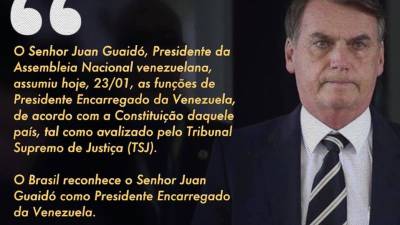 Bolsonaro reconhece Guaidó como novo presidente interino da Venezuela