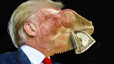 Imagem de Donald Trump com cara de camaleão e nota de dólar vence CartoonPorto 2019